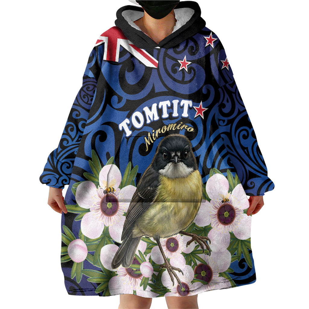 Tomtit New Zealand Personalised Wearable Blanket Hoodie Miromiro Manuka Flower Maori Pattern
