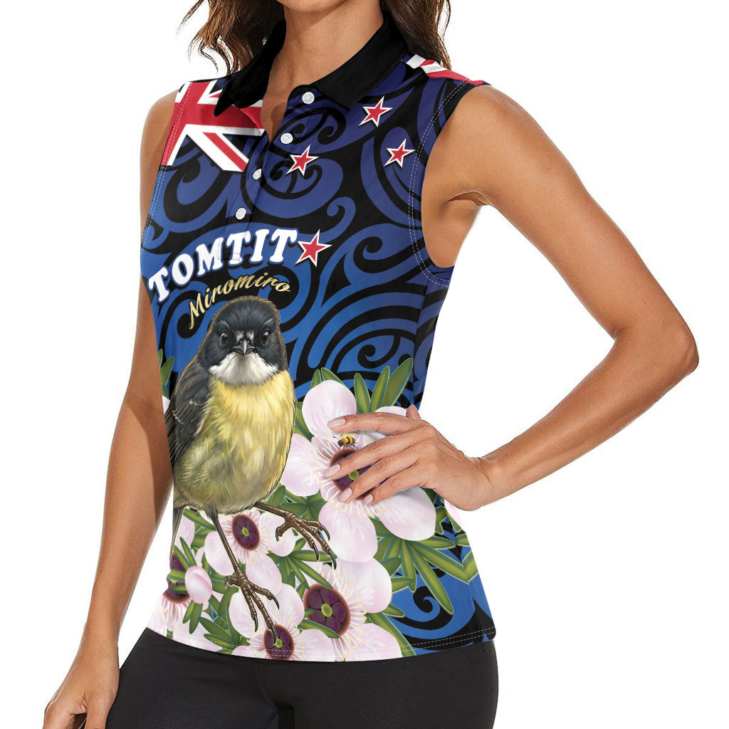 Tomtit New Zealand Personalised Women Sleeveless Polo Shirt Miromiro Manuka Flower Maori Pattern