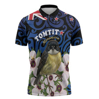 Tomtit New Zealand Personalised Zipper Polo Shirt Miromiro Manuka Flower Maori Pattern