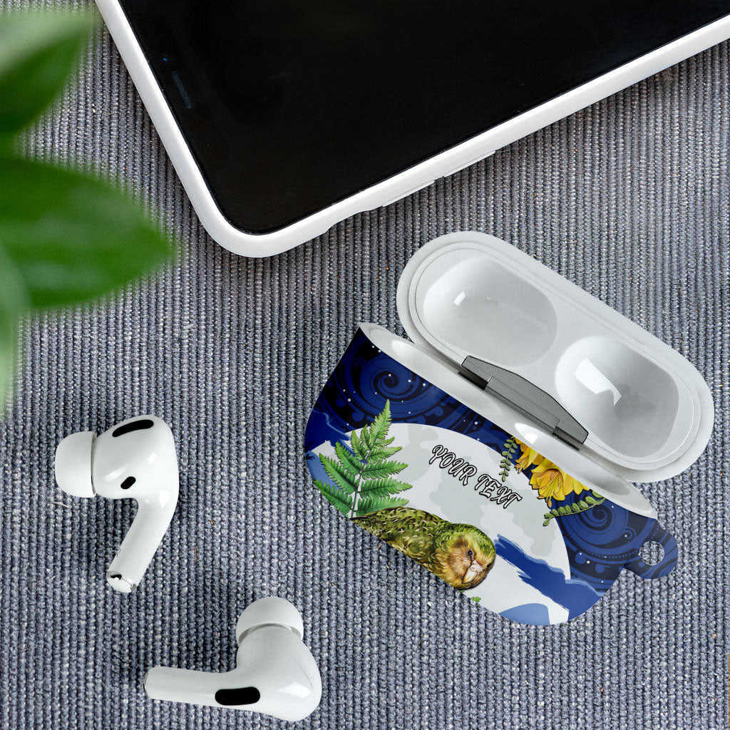Kakapo New Zealand Personalised AirPods Case Kowhai Flower Silver Fern Maori Pattern