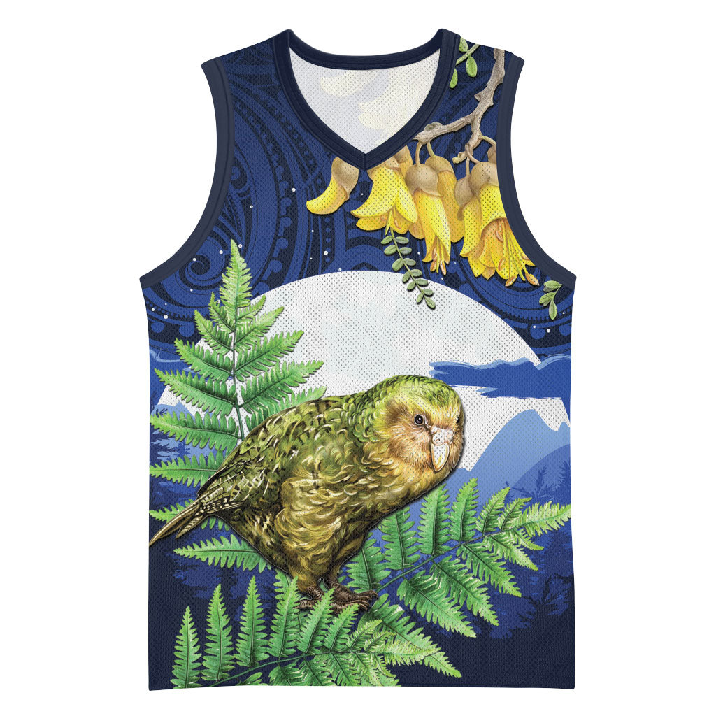 Kakapo New Zealand Personalised Basketball Jersey Kowhai Flower Silver Fern Maori Pattern