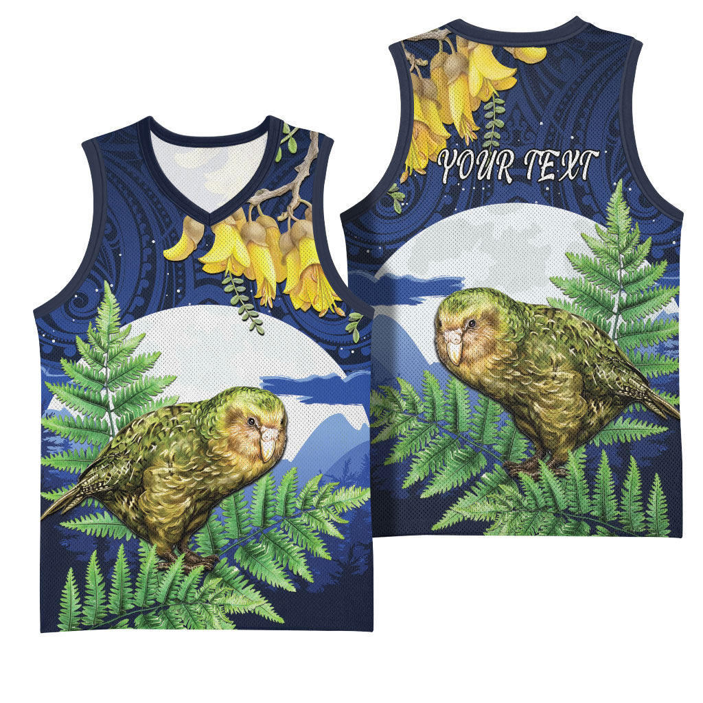Kakapo New Zealand Personalised Basketball Jersey Kowhai Flower Silver Fern Maori Pattern