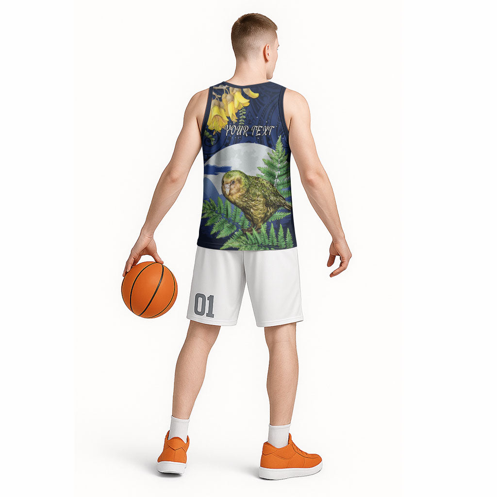 Kakapo New Zealand Personalised Basketball Jersey Kowhai Flower Silver Fern Maori Pattern