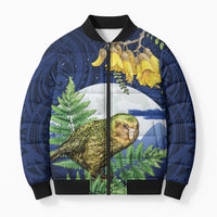 Kakapo New Zealand Personalised Bomber Puffer Jacket Kowhai Flower Silver Fern Maori Pattern