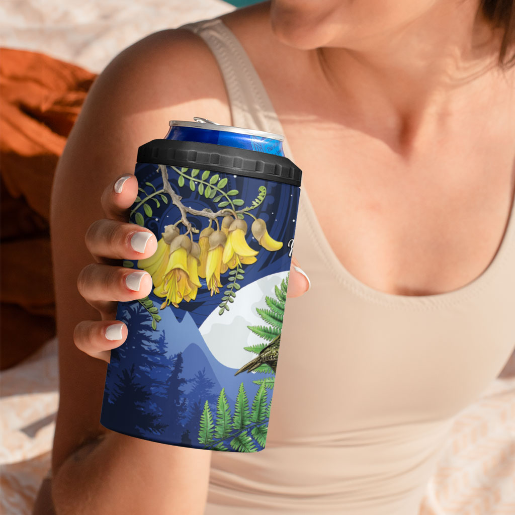 Kakapo New Zealand Personalised 4 in 1 Can Cooler Tumbler Kowhai Flower Silver Fern Maori Pattern LT22 - Polynesian Pride