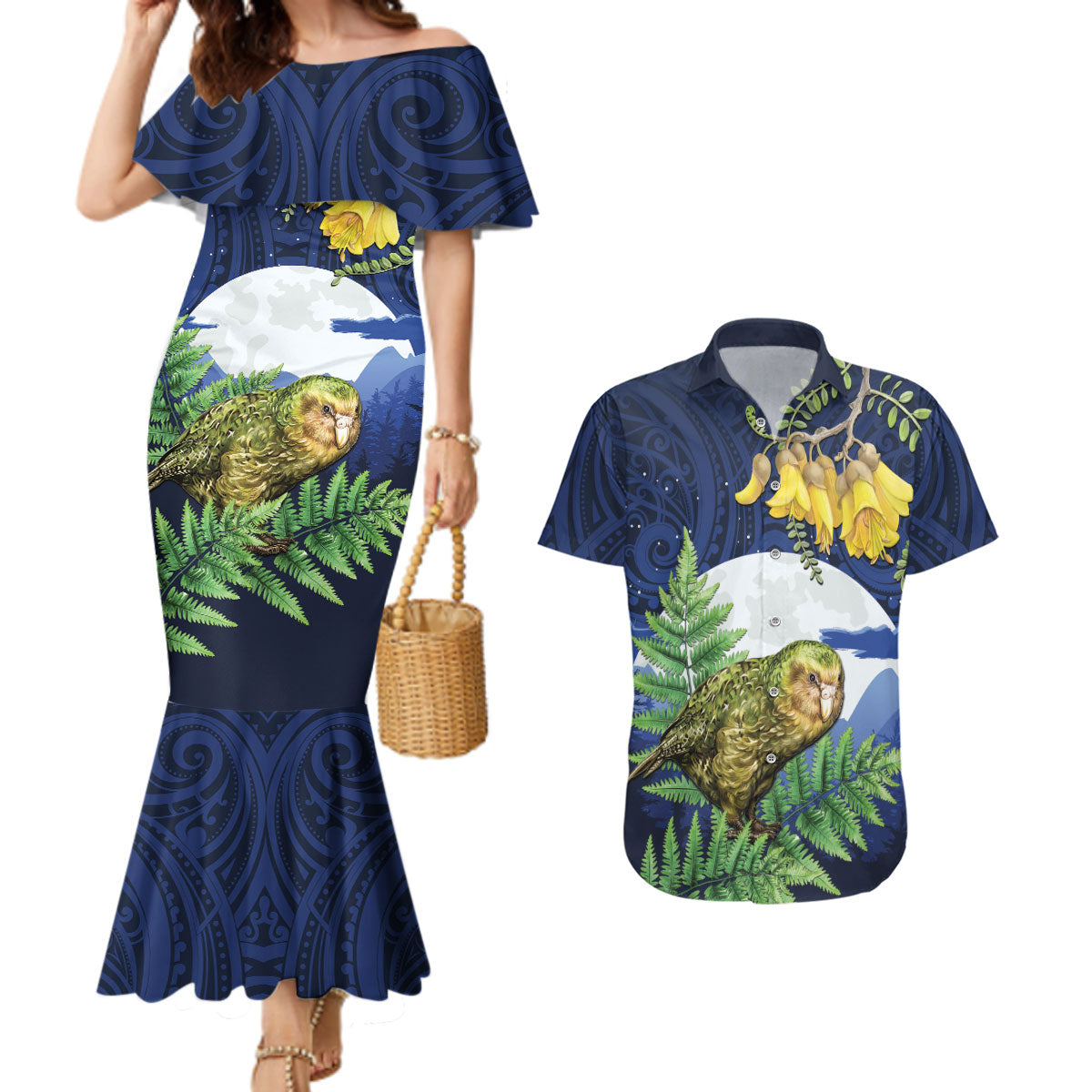 Kakapo New Zealand Personalised Couples Matching Mermaid Dress and Hawaiian Shirt Kowhai Flower Silver Fern Maori Pattern LT22 Blue - Polynesian Pride
