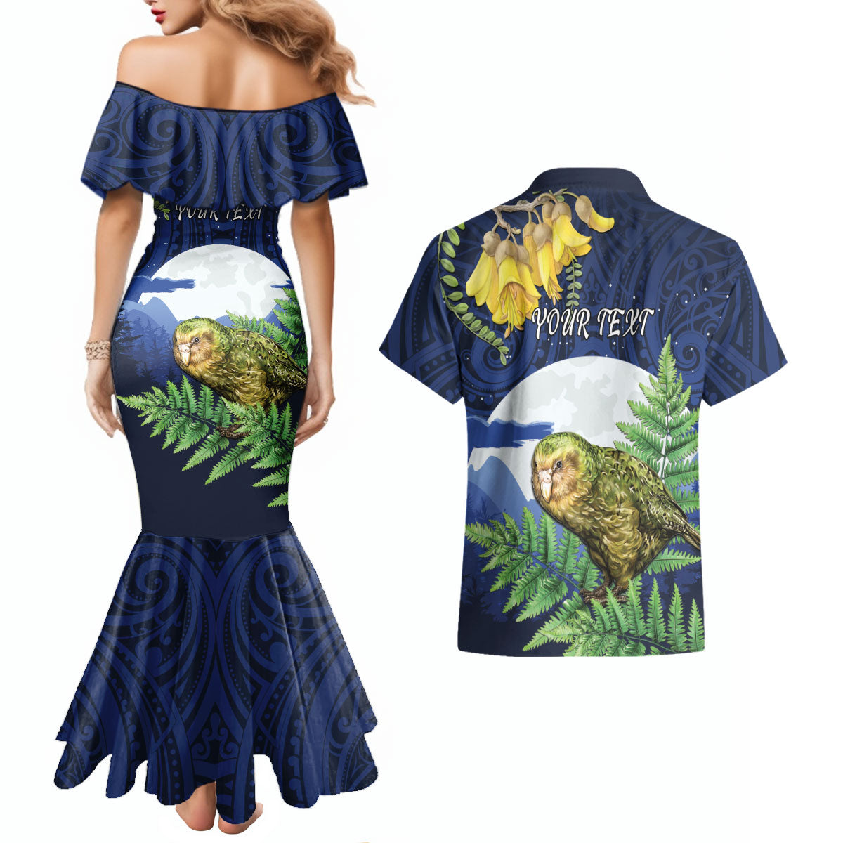 Kakapo New Zealand Personalised Couples Matching Mermaid Dress and Hawaiian Shirt Kowhai Flower Silver Fern Maori Pattern LT22 - Polynesian Pride