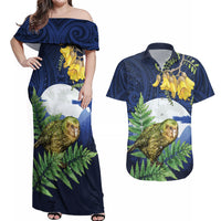 Kakapo New Zealand Personalised Couples Matching Off Shoulder Maxi Dress and Hawaiian Shirt Kowhai Flower Silver Fern Maori Pattern LT22 Blue - Polynesian Pride