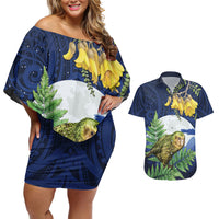 Kakapo New Zealand Personalised Couples Matching Off Shoulder Short Dress and Hawaiian Shirt Kowhai Flower Silver Fern Maori Pattern LT22 Blue - Polynesian Pride