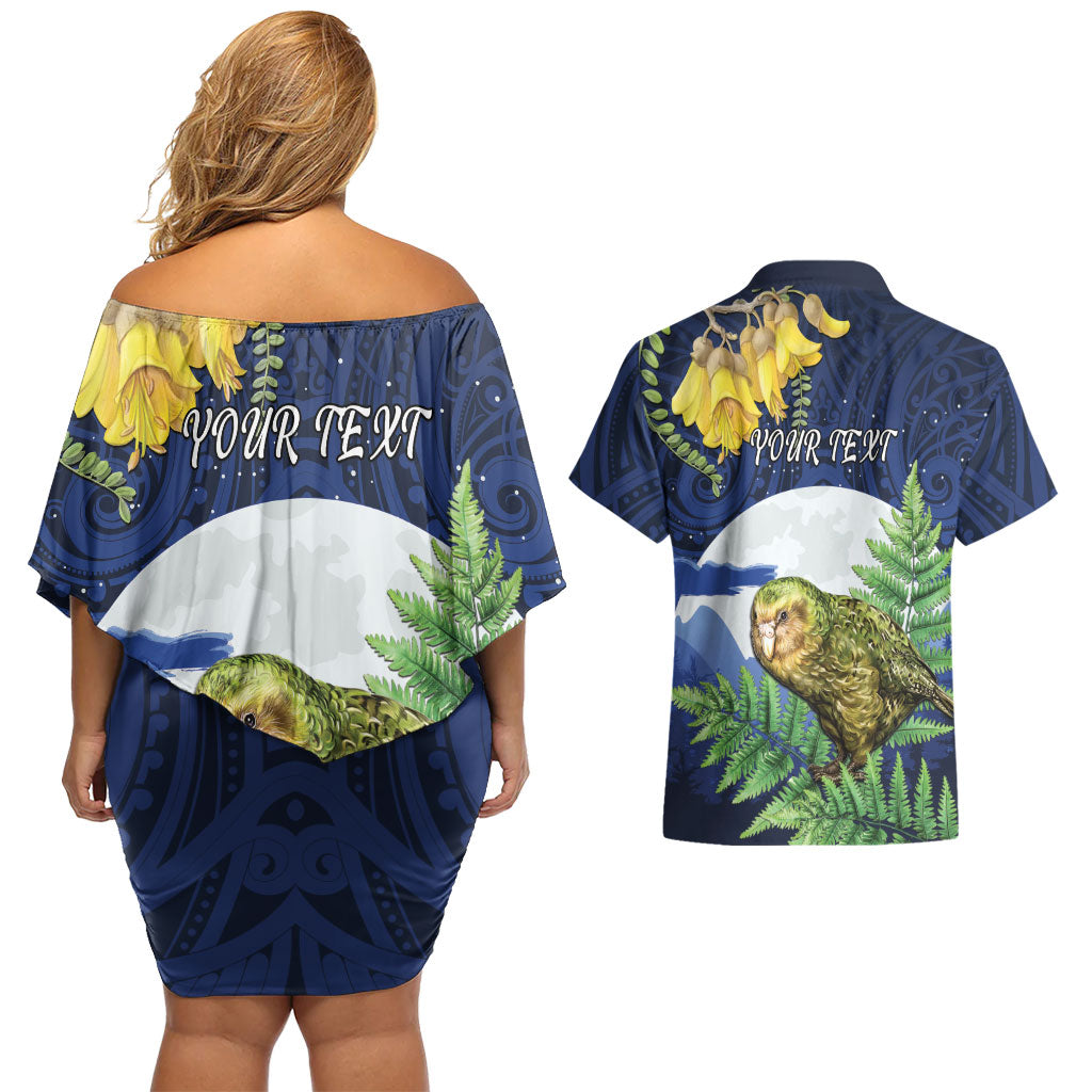 Kakapo New Zealand Personalised Couples Matching Off Shoulder Short Dress and Hawaiian Shirt Kowhai Flower Silver Fern Maori Pattern LT22 - Polynesian Pride