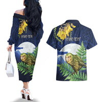 Kakapo New Zealand Personalised Couples Matching Off The Shoulder Long Sleeve Dress and Hawaiian Shirt Kowhai Flower Silver Fern Maori Pattern LT22 - Polynesian Pride
