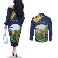 Kakapo New Zealand Personalised Couples Matching Off The Shoulder Long Sleeve Dress and Long Sleeve Button Shirt Kowhai Flower Silver Fern Maori Pattern LT22 - Polynesian Pride
