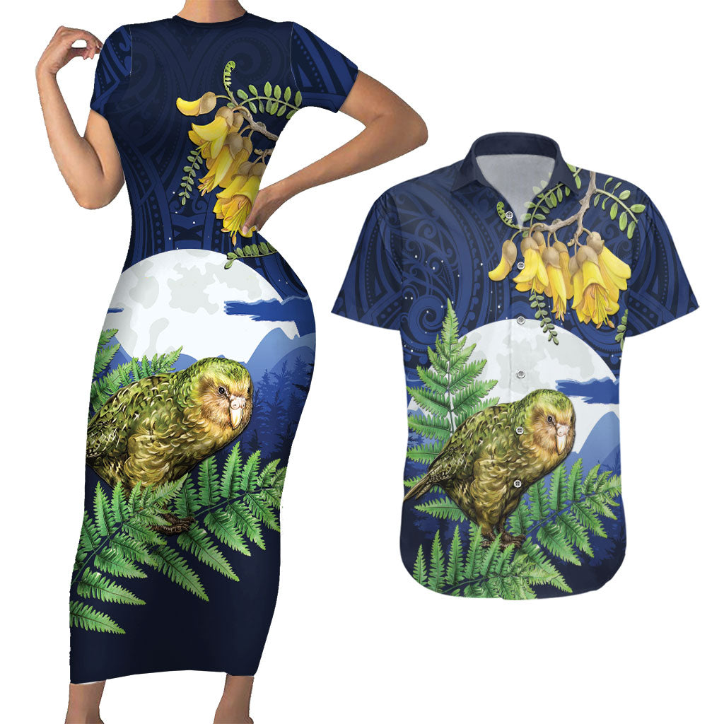 Kakapo New Zealand Personalised Couples Matching Short Sleeve Bodycon Dress and Hawaiian Shirt Kowhai Flower Silver Fern Maori Pattern LT22 Blue - Polynesian Pride