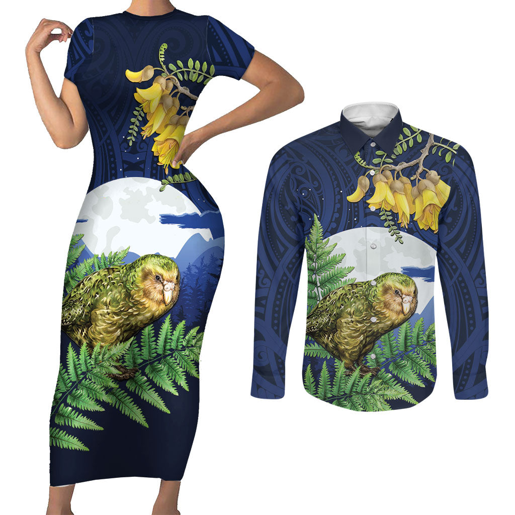 Kakapo New Zealand Personalised Couples Matching Short Sleeve Bodycon Dress and Long Sleeve Button Shirt Kowhai Flower Silver Fern Maori Pattern LT22 Blue - Polynesian Pride