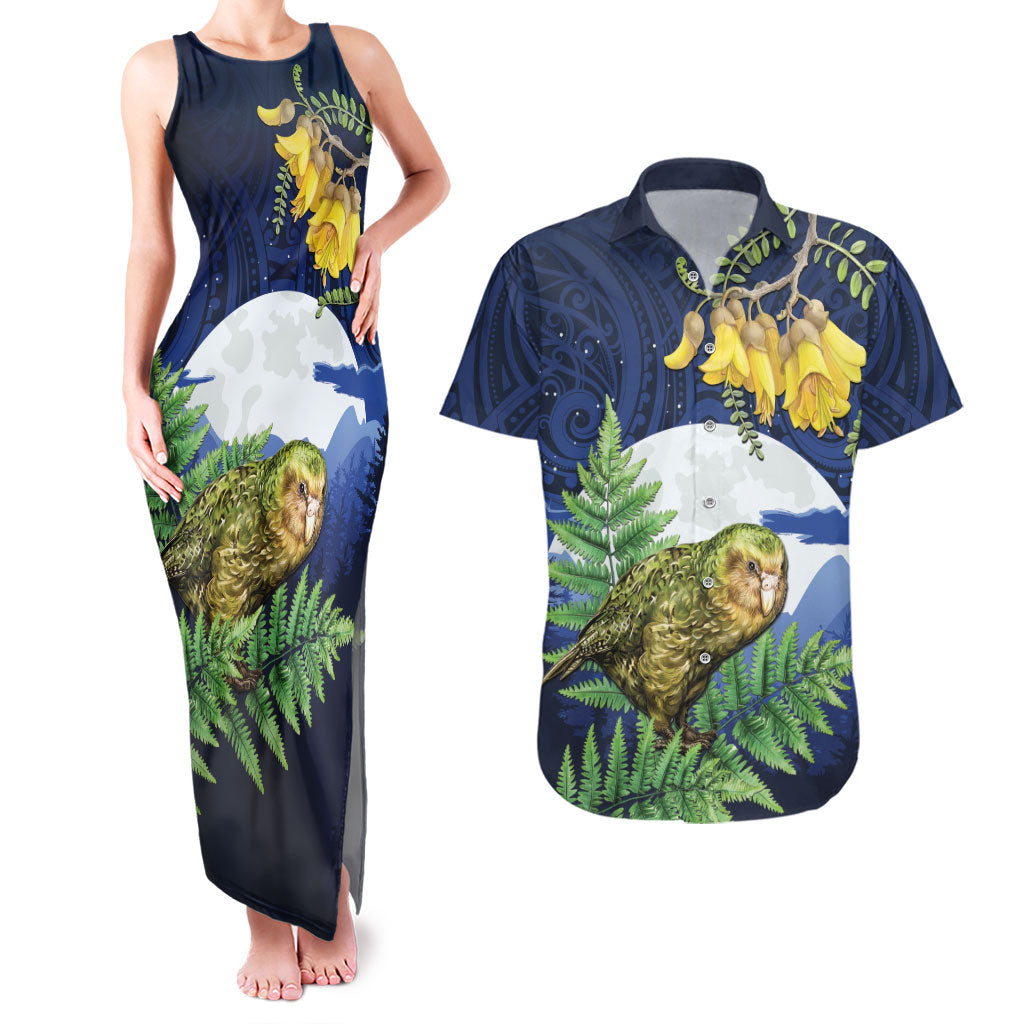 Kakapo New Zealand Personalised Couples Matching Tank Maxi Dress and Hawaiian Shirt Kowhai Flower Silver Fern Maori Pattern LT22 Blue - Polynesian Pride