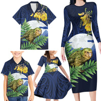Kakapo New Zealand Personalised Family Matching Long Sleeve Bodycon Dress and Hawaiian Shirt Kowhai Flower Silver Fern Maori Pattern LT22 - Polynesian Pride