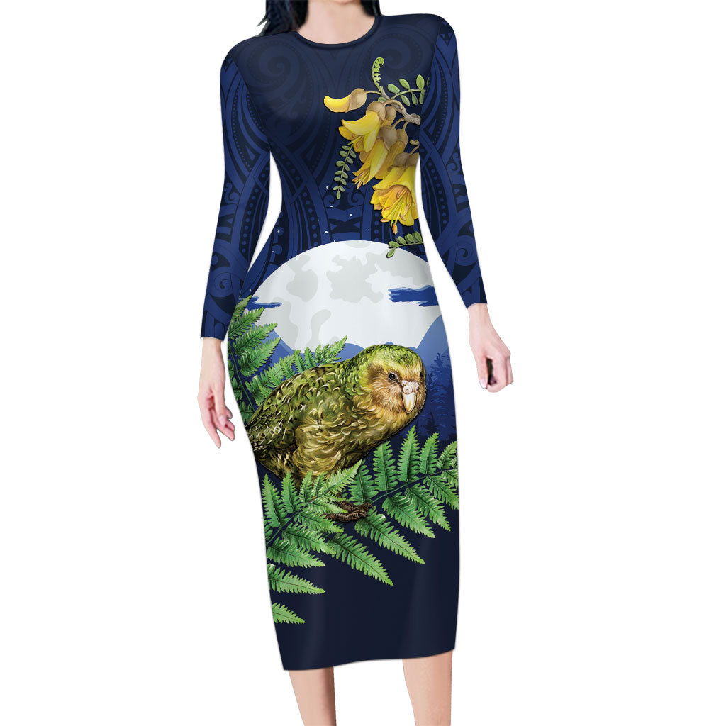 Kakapo New Zealand Personalised Family Matching Long Sleeve Bodycon Dress and Hawaiian Shirt Kowhai Flower Silver Fern Maori Pattern LT22 Mom's Dress Blue - Polynesian Pride