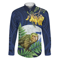 Kakapo New Zealand Personalised Family Matching Off Shoulder Maxi Dress and Hawaiian Shirt Kowhai Flower Silver Fern Maori Pattern LT22 Dad's Shirt - Long Sleeve Blue - Polynesian Pride