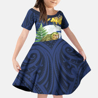 Kakapo New Zealand Personalised Family Matching Off Shoulder Short Dress and Hawaiian Shirt Kowhai Flower Silver Fern Maori Pattern LT22 Daughter's Dress Blue - Polynesian Pride
