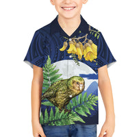 Kakapo New Zealand Personalised Family Matching Off Shoulder Short Dress and Hawaiian Shirt Kowhai Flower Silver Fern Maori Pattern LT22 Son's Shirt Blue - Polynesian Pride
