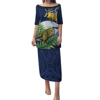 Kakapo New Zealand Personalised Family Matching Puletasi and Hawaiian Shirt Kowhai Flower Silver Fern Maori Pattern LT22 Mom's Dress Blue - Polynesian Pride