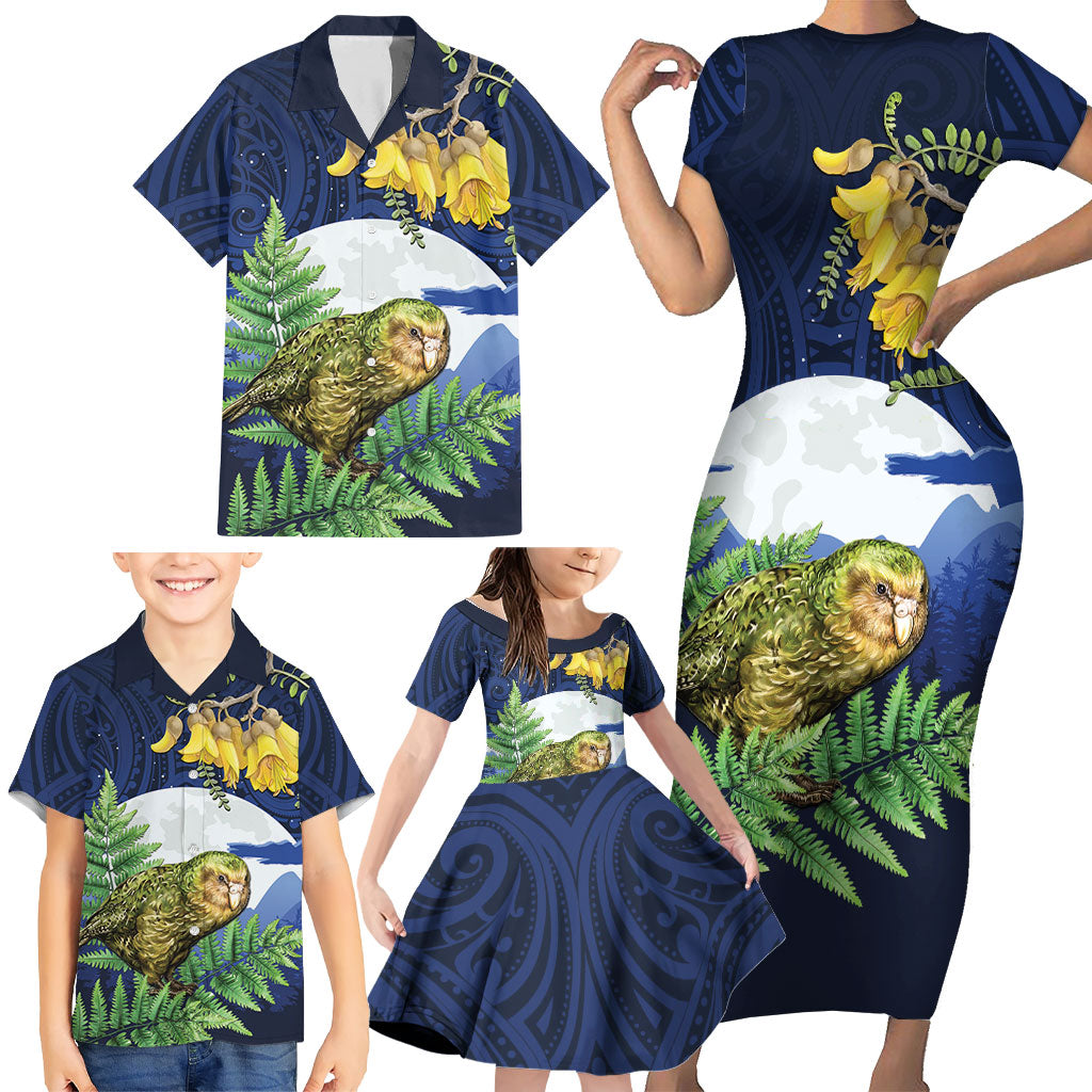 Kakapo New Zealand Personalised Family Matching Short Sleeve Bodycon Dress and Hawaiian Shirt Kowhai Flower Silver Fern Maori Pattern LT22 - Polynesian Pride