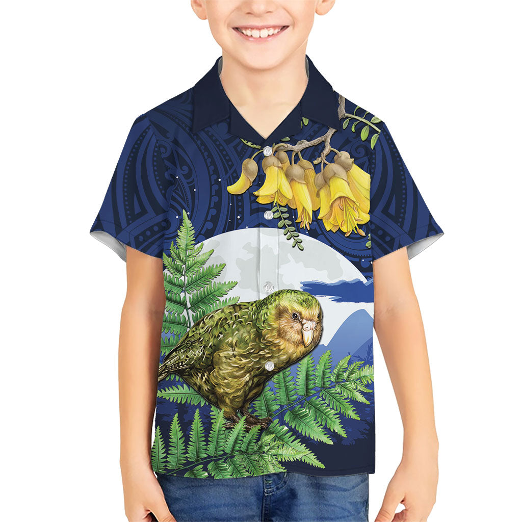 Kakapo New Zealand Personalised Family Matching Short Sleeve Bodycon Dress and Hawaiian Shirt Kowhai Flower Silver Fern Maori Pattern LT22 Son's Shirt Blue - Polynesian Pride