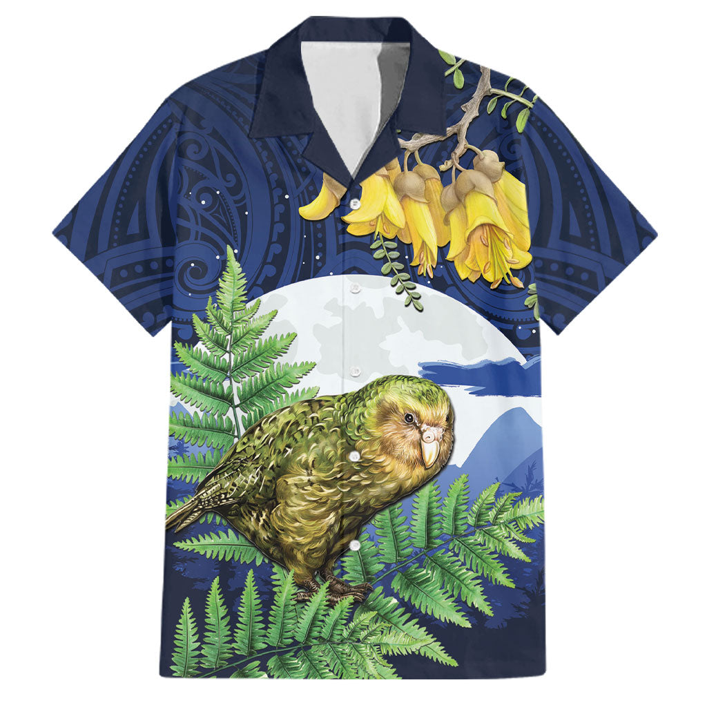 Kakapo New Zealand Personalised Family Matching Summer Maxi Dress and Hawaiian Shirt Kowhai Flower Silver Fern Maori Pattern LT22 Dad's Shirt - Short Sleeve Blue - Polynesian Pride