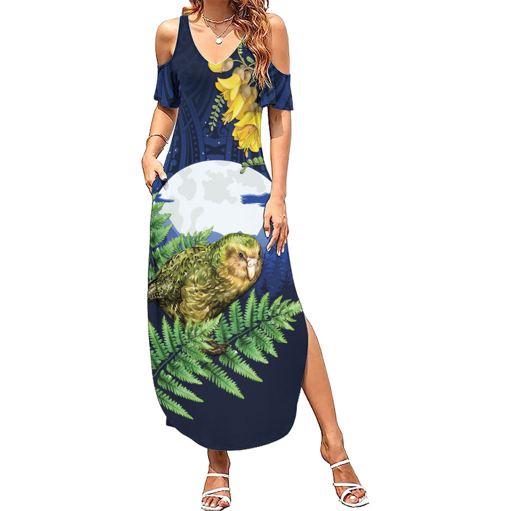 Kakapo New Zealand Personalised Family Matching Summer Maxi Dress and Hawaiian Shirt Kowhai Flower Silver Fern Maori Pattern LT22 Mom's Dress Blue - Polynesian Pride