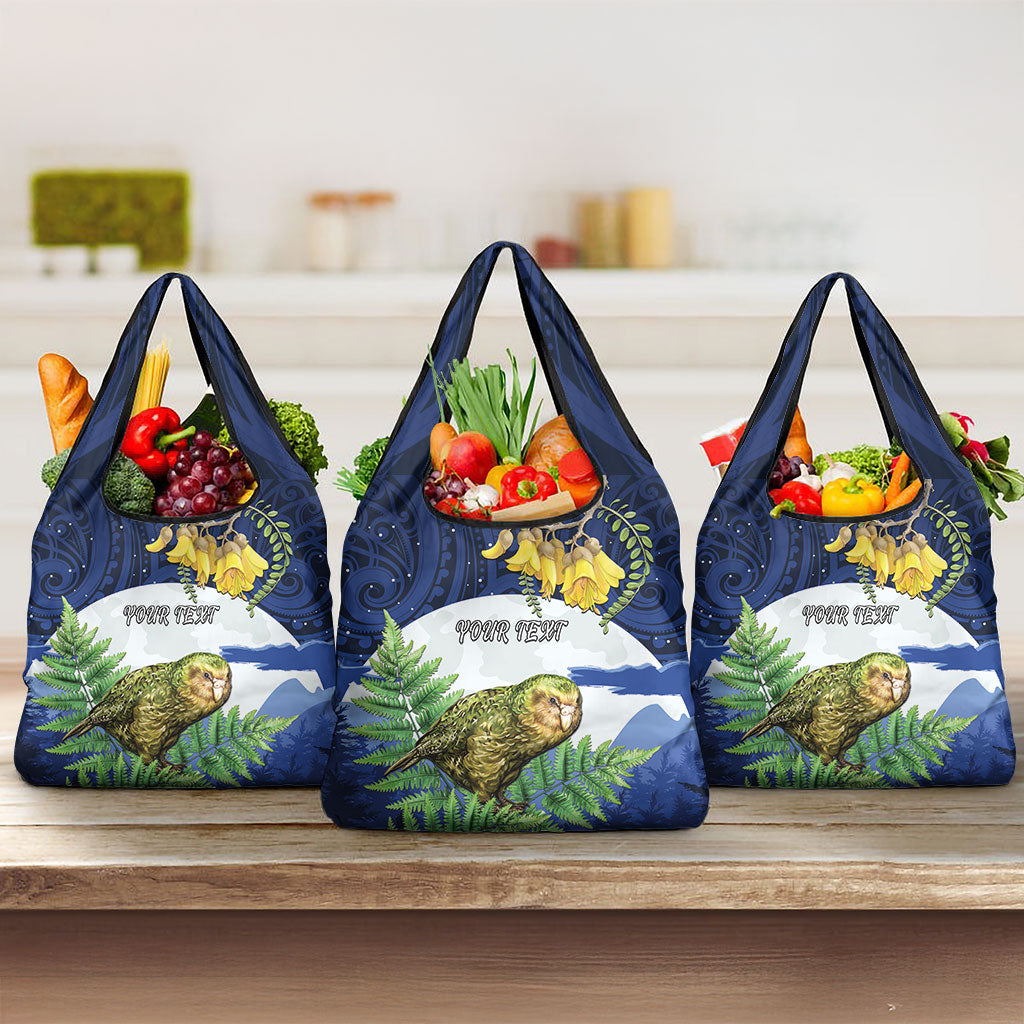 Kakapo New Zealand Personalised Grocery Bag Kowhai Flower Silver Fern Maori Pattern