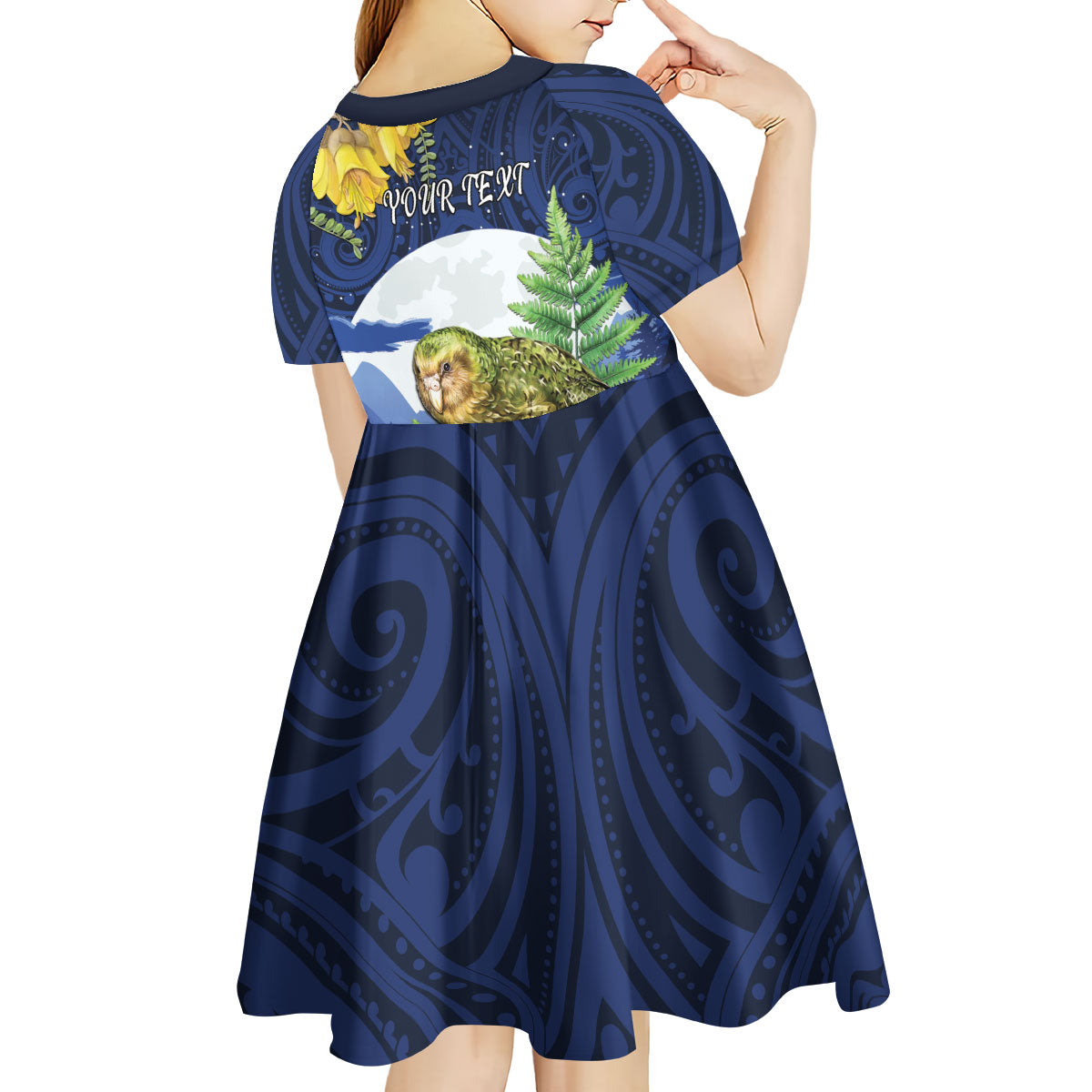 Kakapo New Zealand Personalised Kid Short Sleeve Dress Kowhai Flower Silver Fern Maori Pattern