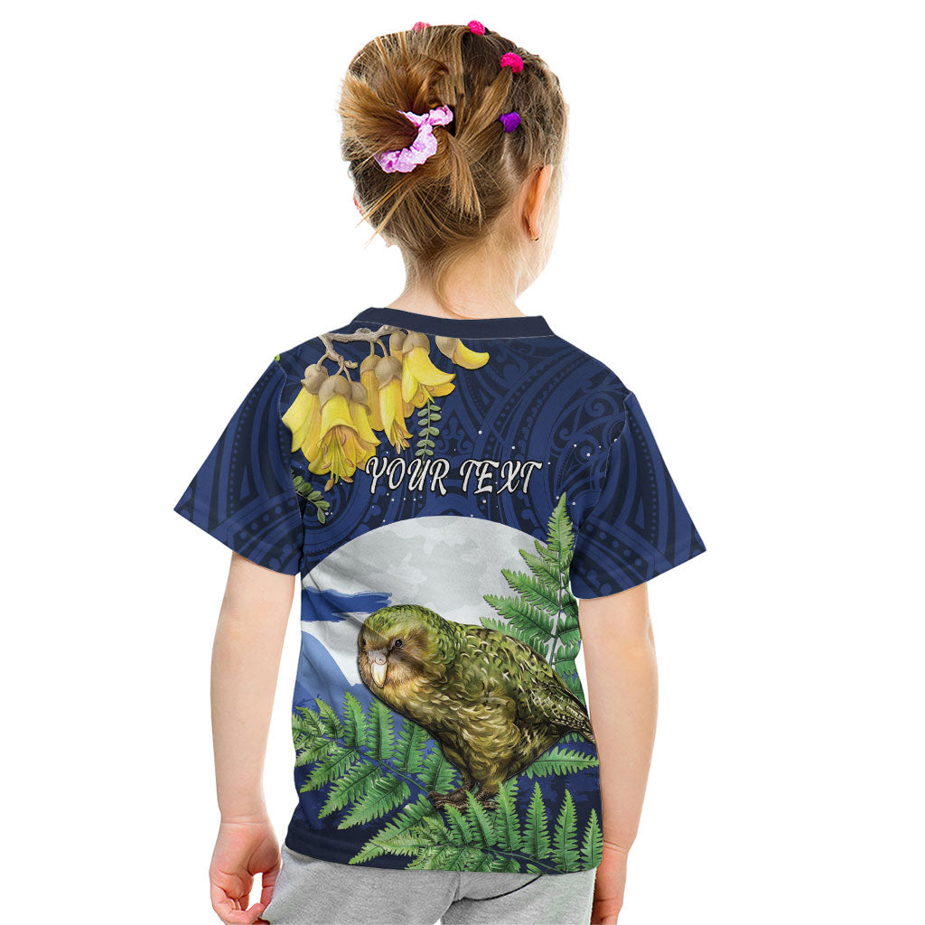 Kakapo New Zealand Personalised Kid T Shirt Kowhai Flower Silver Fern Maori Pattern
