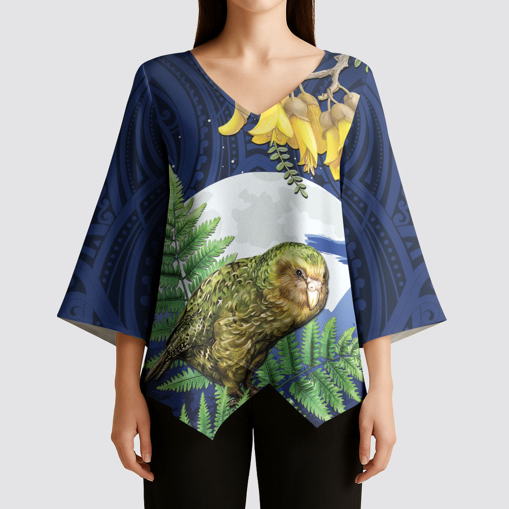Kakapo New Zealand Personalised Kimono Sleeve Blouse Kowhai Flower Silver Fern Maori Pattern