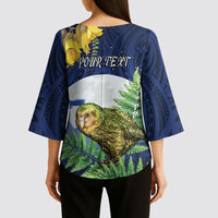 Kakapo New Zealand Personalised Kimono Sleeve Blouse Kowhai Flower Silver Fern Maori Pattern