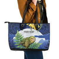 Kakapo New Zealand Personalised Leather Tote Bag Kowhai Flower Silver Fern Maori Pattern