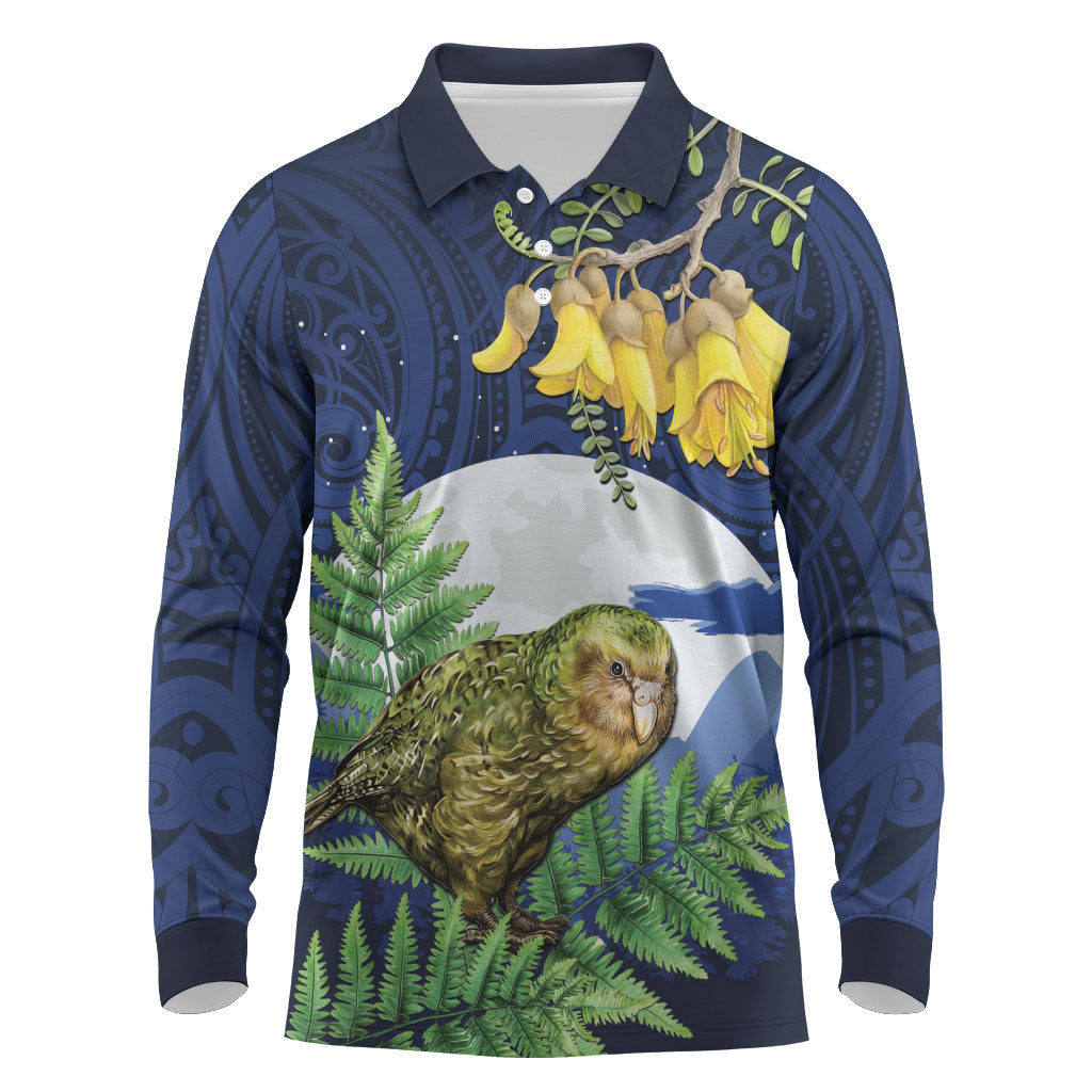 Kakapo New Zealand Personalised Long Sleeve Polo Shirt Kowhai Flower Silver Fern Maori Pattern