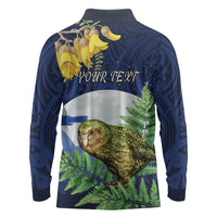 Kakapo New Zealand Personalised Long Sleeve Polo Shirt Kowhai Flower Silver Fern Maori Pattern