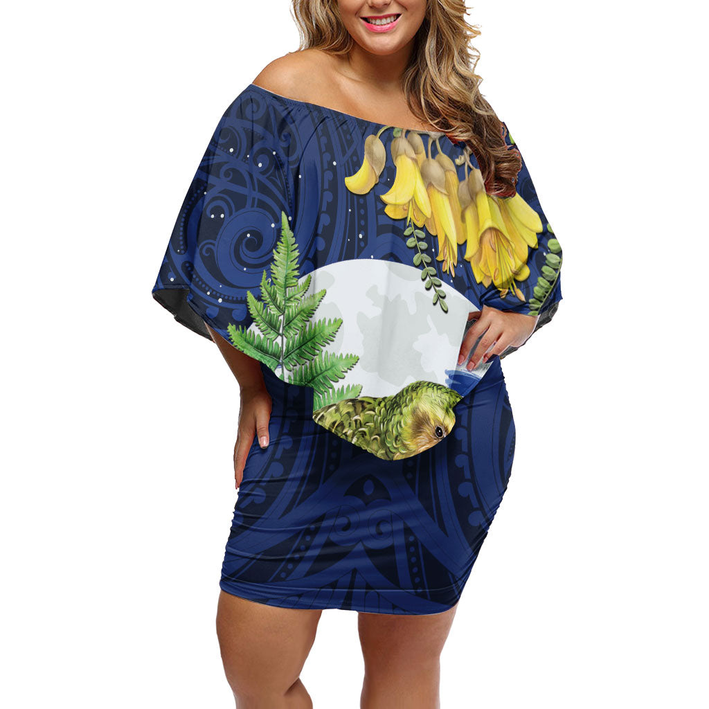 Kakapo New Zealand Personalised Off Shoulder Short Dress Kowhai Flower Silver Fern Maori Pattern