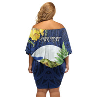 Kakapo New Zealand Personalised Off Shoulder Short Dress Kowhai Flower Silver Fern Maori Pattern