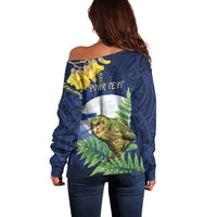 Kakapo New Zealand Personalised Off Shoulder Sweater Kowhai Flower Silver Fern Maori Pattern