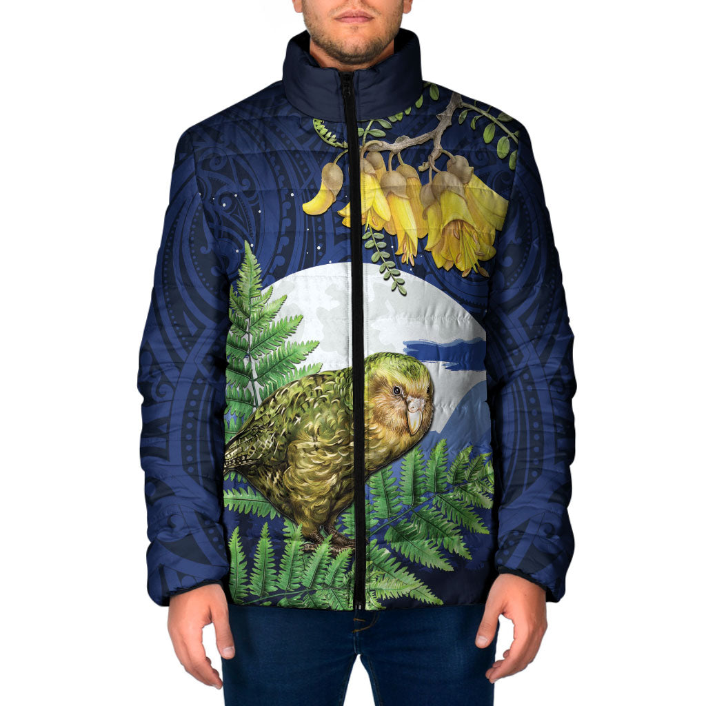 Kakapo New Zealand Personalised Padded Jacket Kowhai Flower Silver Fern Maori Pattern