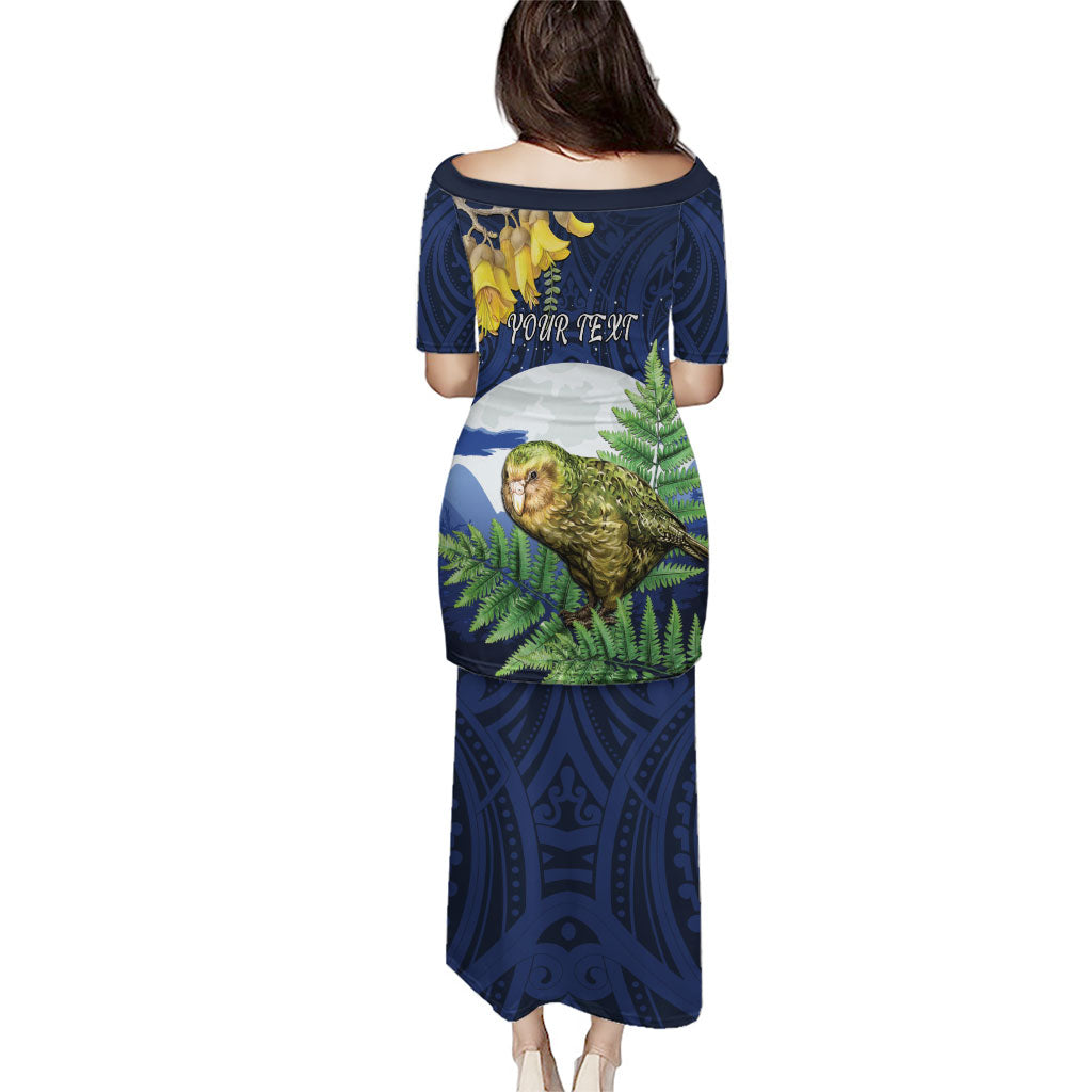 Kakapo New Zealand Personalised Puletasi Kowhai Flower Silver Fern Maori Pattern