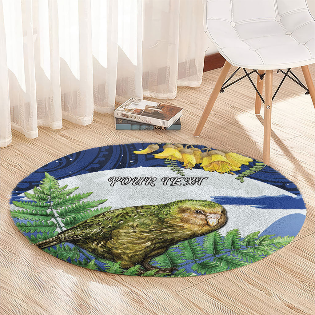 Kakapo New Zealand Personalised Round Carpet Kowhai Flower Silver Fern Maori Pattern