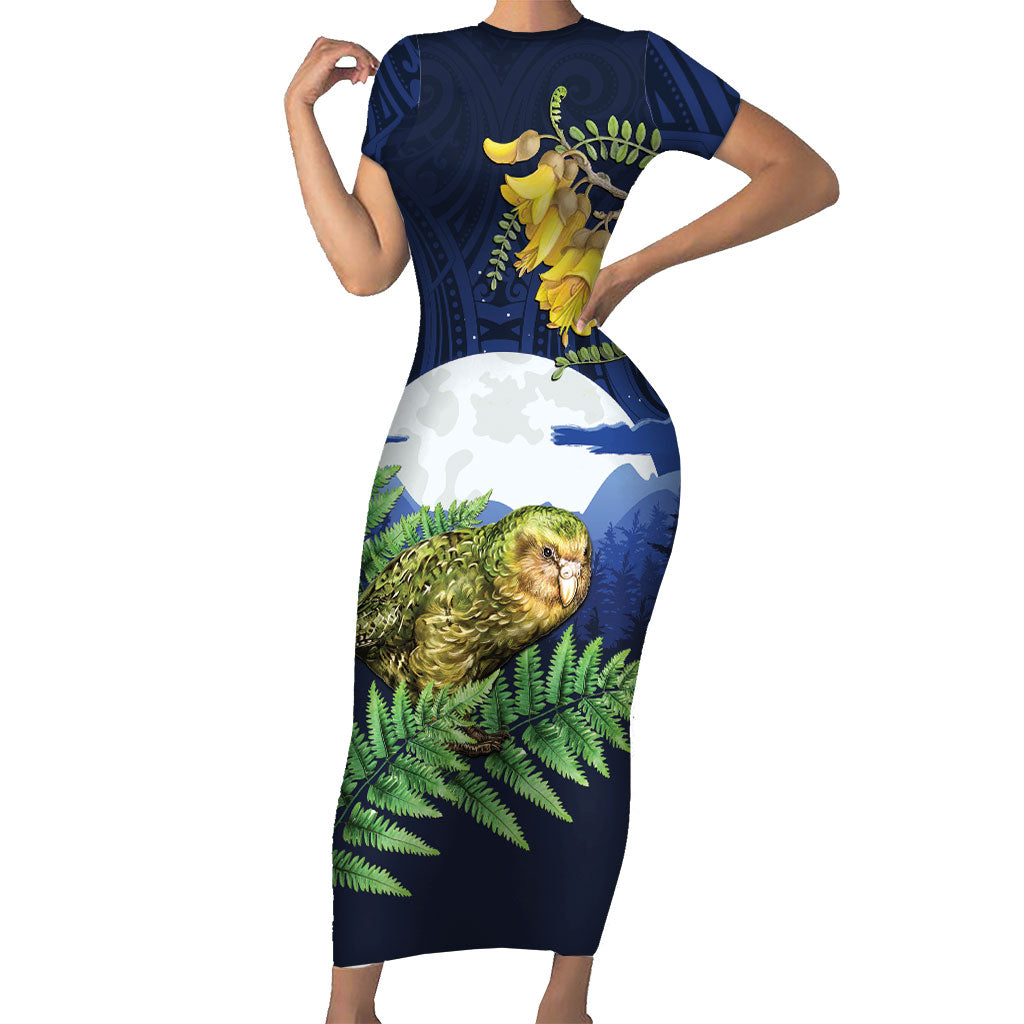 Kakapo New Zealand Personalised Short Sleeve Bodycon Dress Kowhai Flower Silver Fern Maori Pattern LT22 Long Dress Blue - Polynesian Pride