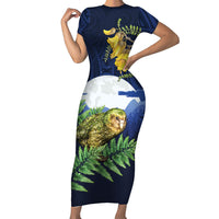 Kakapo New Zealand Personalised Short Sleeve Bodycon Dress Kowhai Flower Silver Fern Maori Pattern LT22 Long Dress Blue - Polynesian Pride