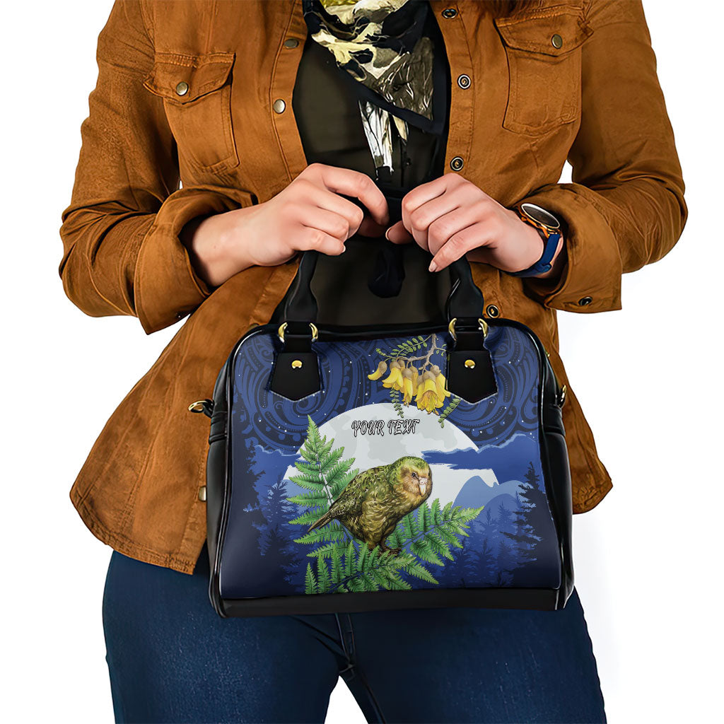 Kakapo New Zealand Personalised Shoulder Handbag Kowhai Flower Silver Fern Maori Pattern