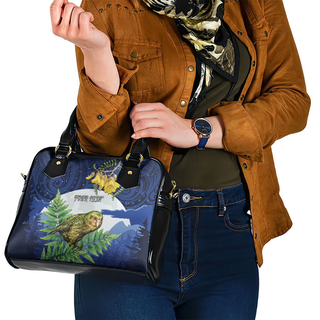 Kakapo New Zealand Personalised Shoulder Handbag Kowhai Flower Silver Fern Maori Pattern