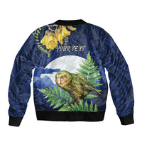 Kakapo New Zealand Personalised Sleeve Zip Bomber Jacket Kowhai Flower Silver Fern Maori Pattern