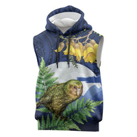 Kakapo New Zealand Personalised Sleeveless Hoodie Kowhai Flower Silver Fern Maori Pattern