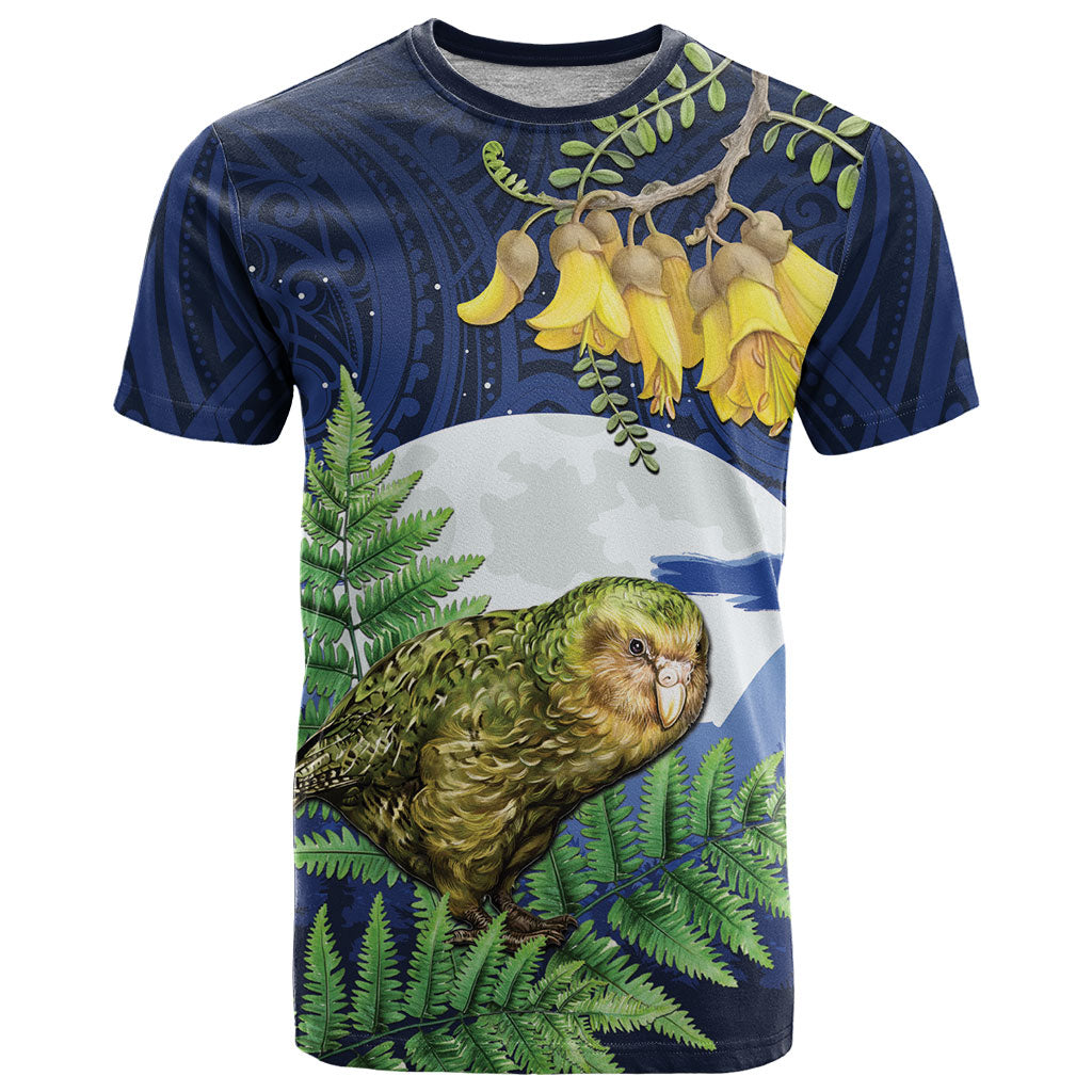 Kakapo New Zealand Personalised T Shirt Kowhai Flower Silver Fern Maori Pattern
